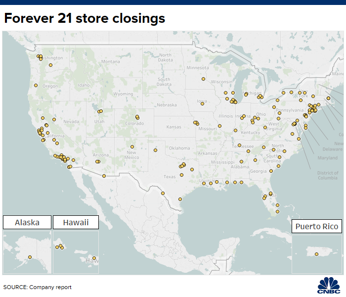 Number of Forever 21 locations in the USA in 2023